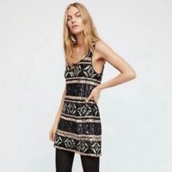 Free People NWT Metallic Geometric gold black blush Sequin Dress Xs/S ($350) - Picture 4 of 14
